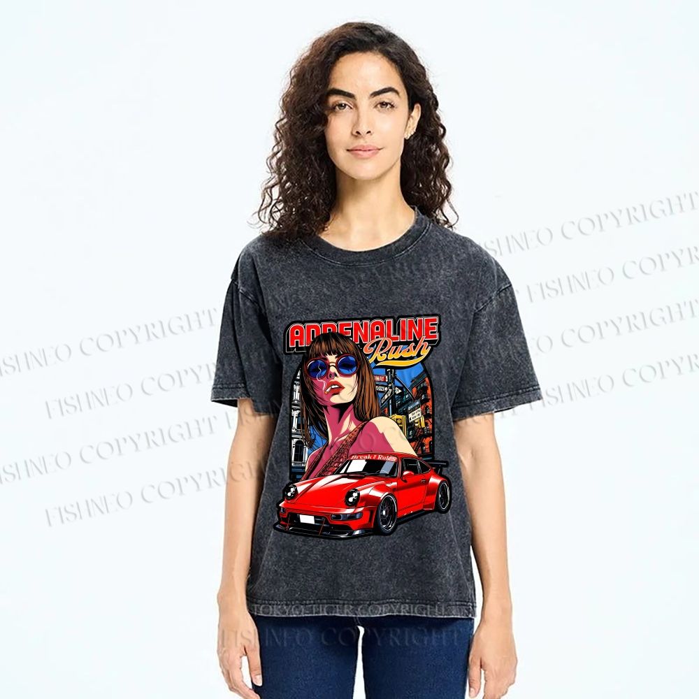 Unisex Porsche 911 Retro Poster Printed Washed Tee