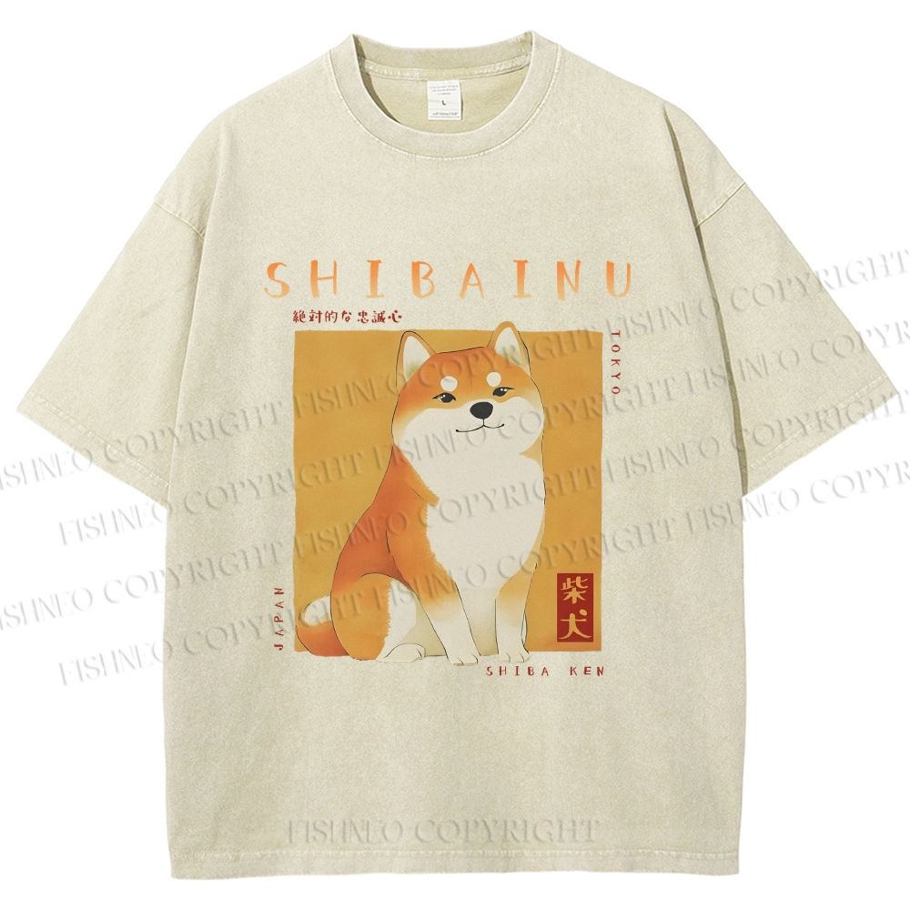 Unisex Shiba Inu Printed Washed Tee