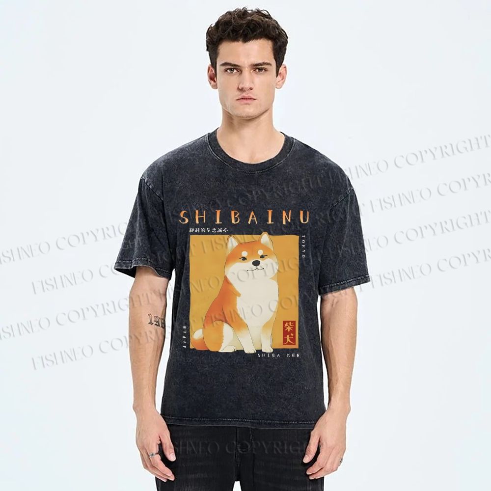 Unisex Shiba Inu Printed Washed Tee