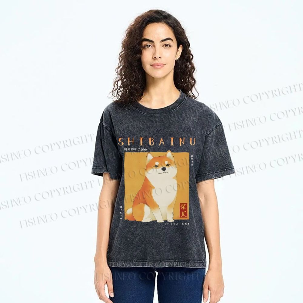 Unisex Shiba Inu Printed Washed Tee