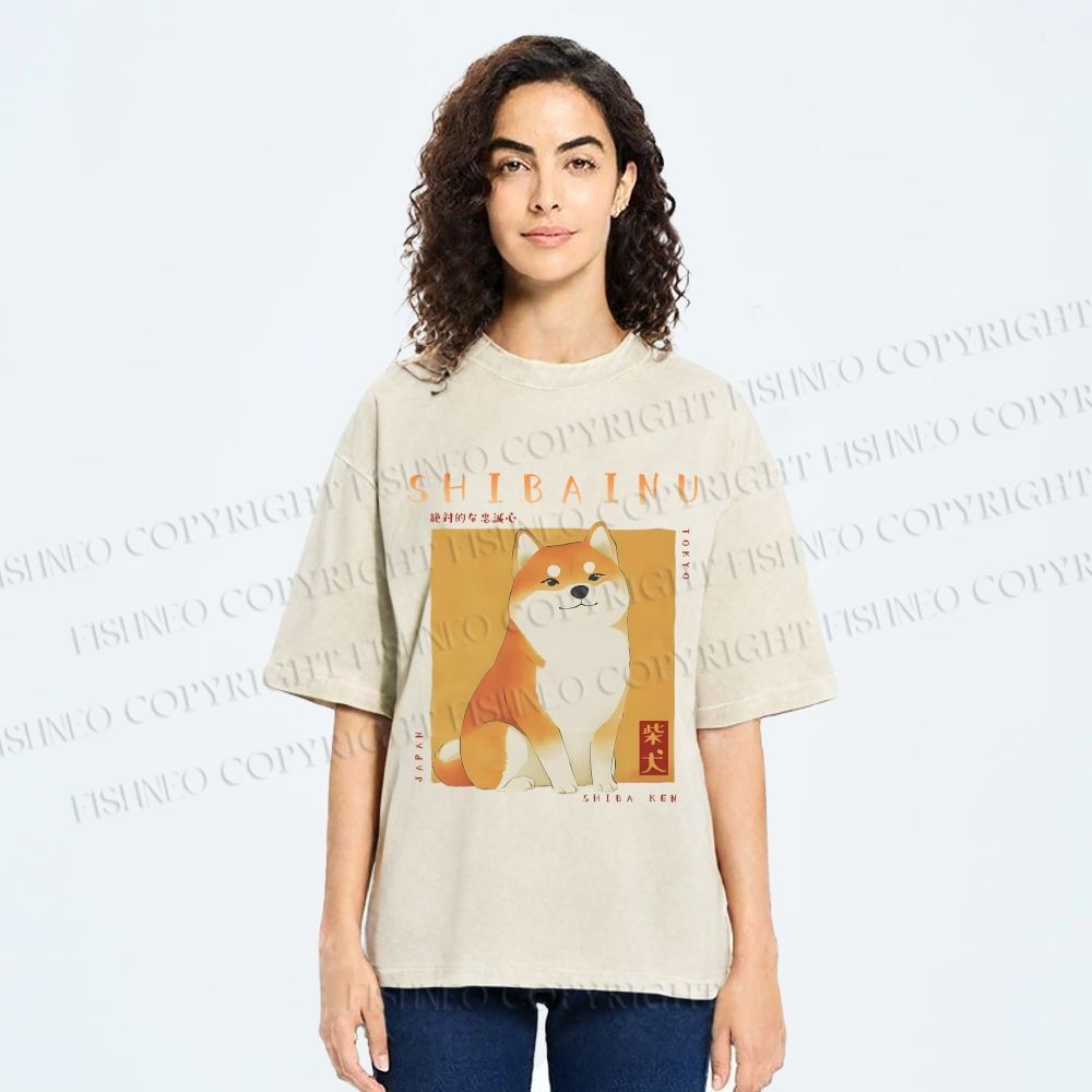 Unisex Shiba Inu Printed Washed Tee