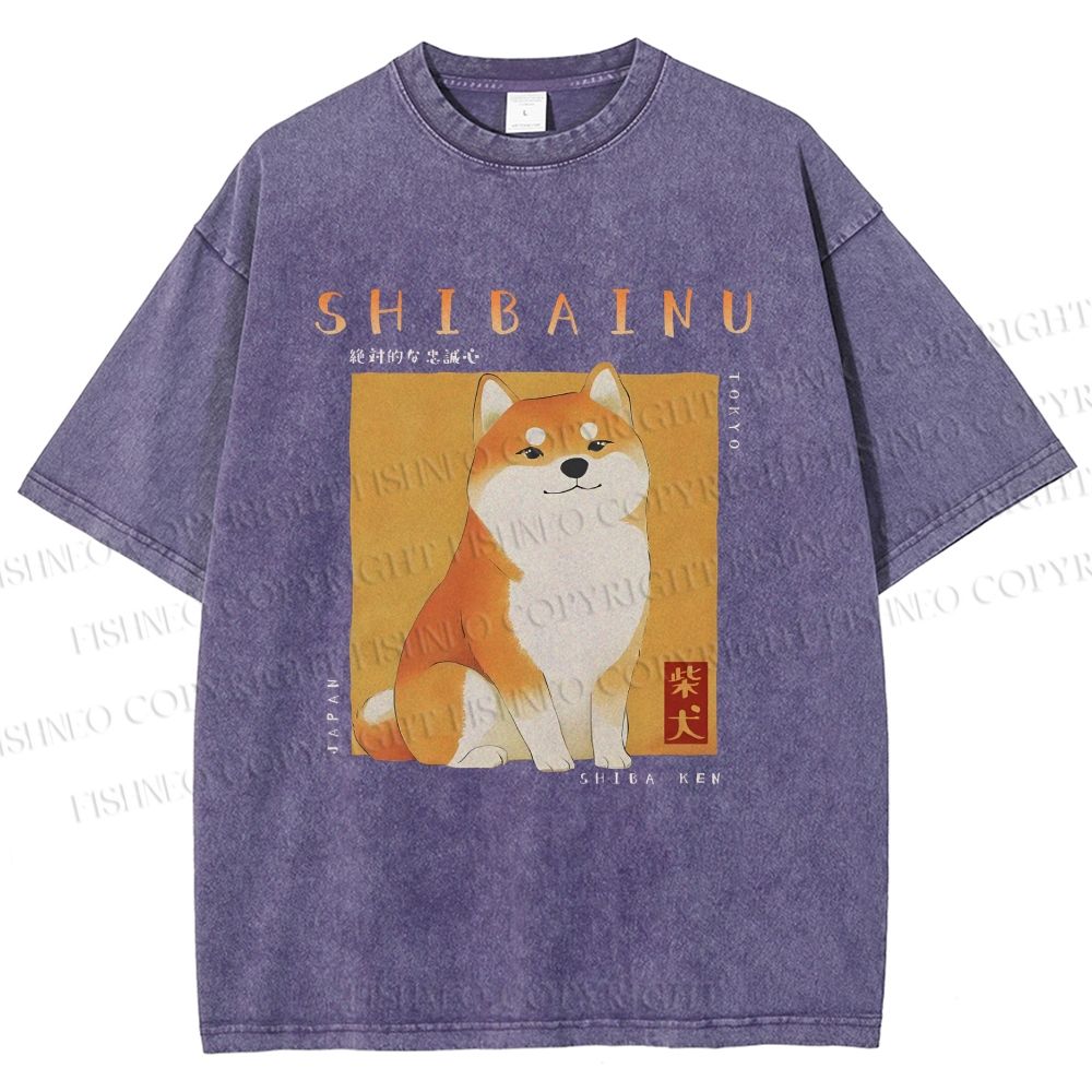 Unisex Shiba Inu Printed Washed Tee