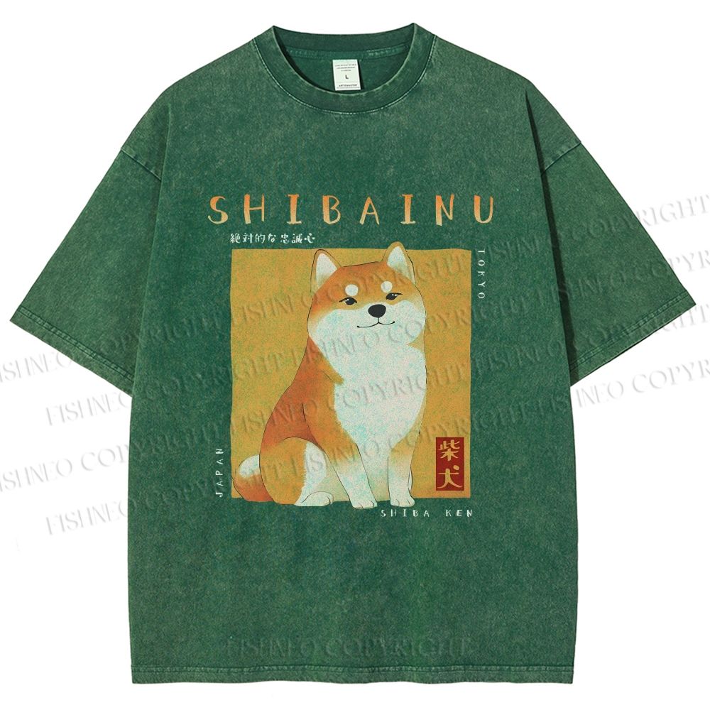 Unisex Shiba Inu Printed Washed Tee