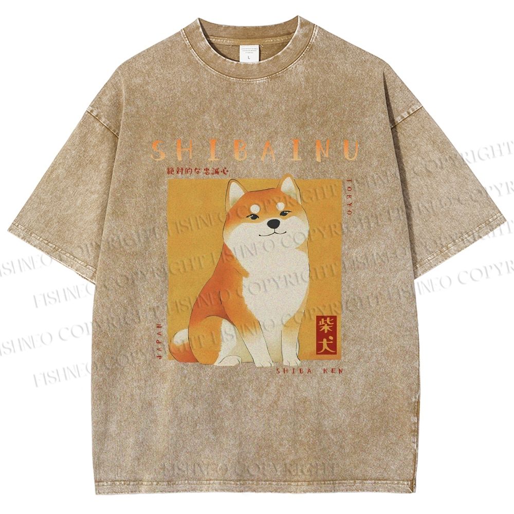 Unisex Shiba Inu Printed Washed Tee