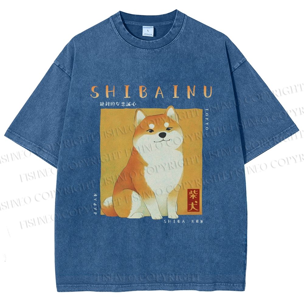 Unisex Shiba Inu Printed Washed Tee