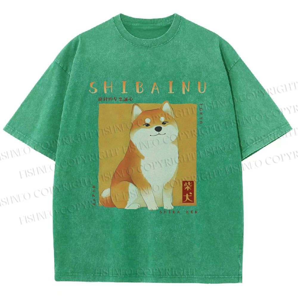 Unisex Shiba Inu Printed Washed Tee