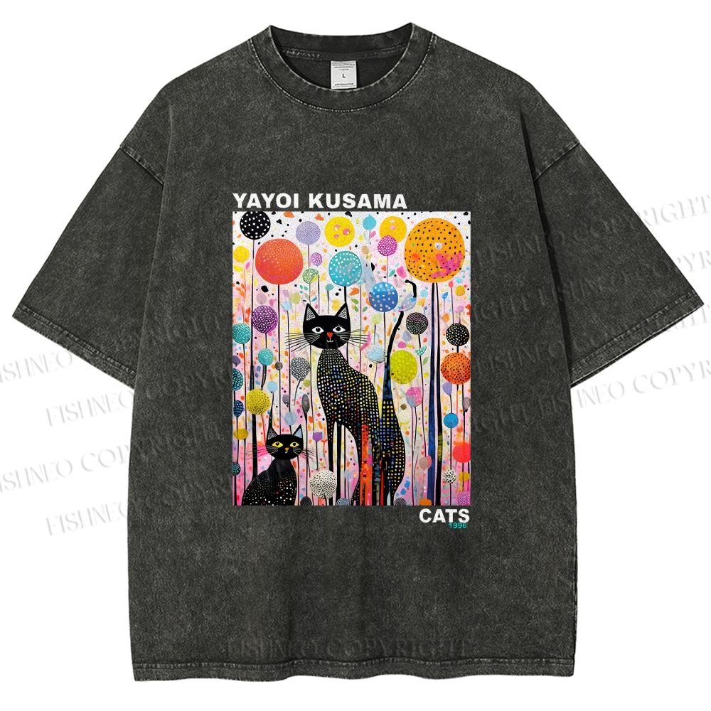 Unisex Yayoi Kusama Cat Printed Washed Tee