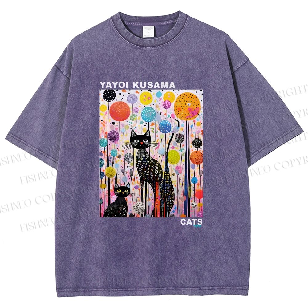 Unisex Yayoi Kusama Cat Printed Washed Tee