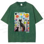 Unisex Yayoi Kusama Cat Printed Washed Tee