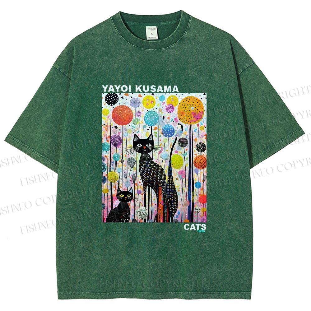 Unisex Yayoi Kusama Cat Printed Washed Tee