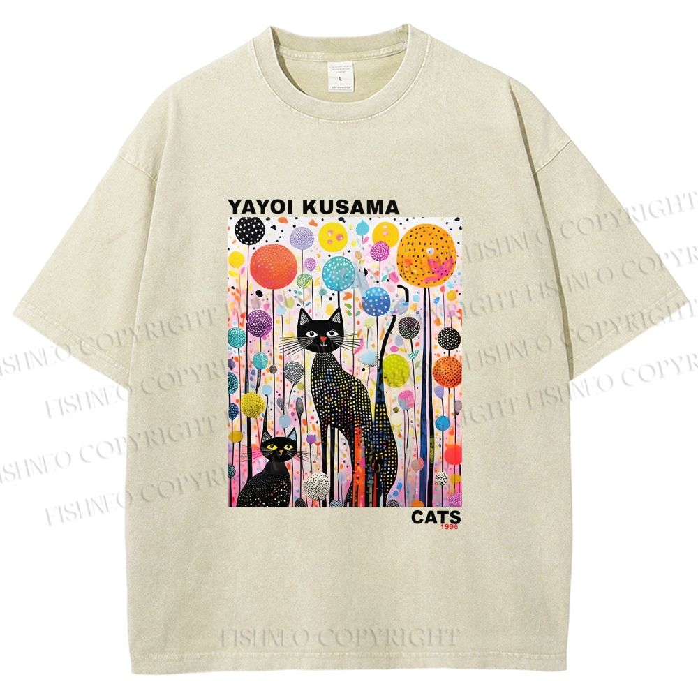 Unisex Yayoi Kusama Cat Printed Washed Tee