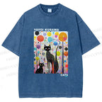 Unisex Yayoi Kusama Cat Printed Washed Tee