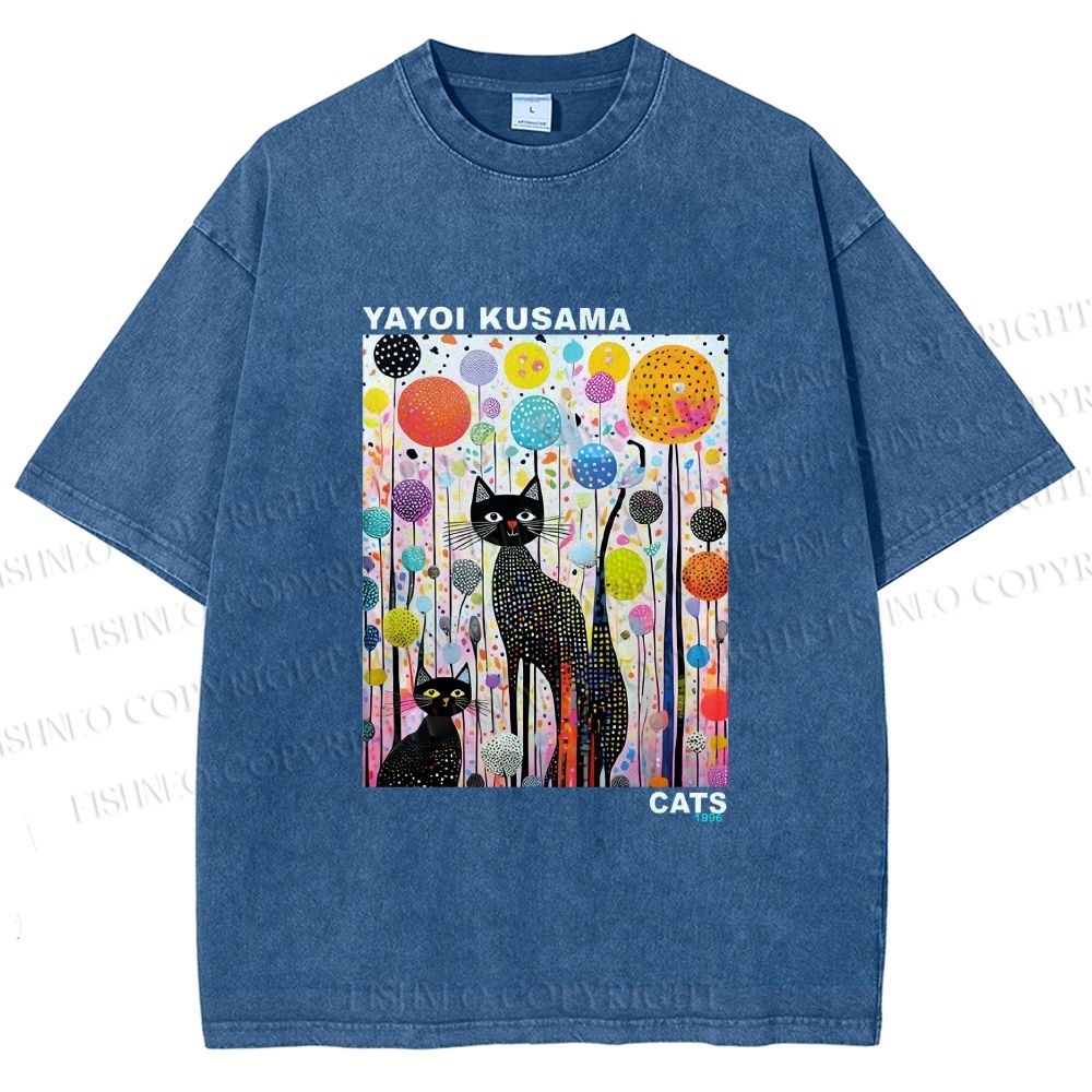 Unisex Yayoi Kusama Cat Printed Washed Tee