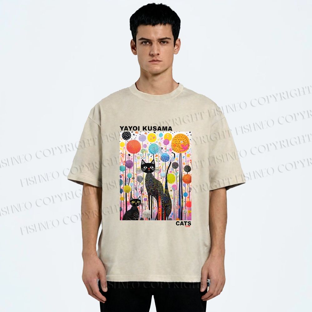 Unisex Yayoi Kusama Cat Printed Washed Tee