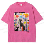 Unisex Yayoi Kusama Cat Printed Washed Tee