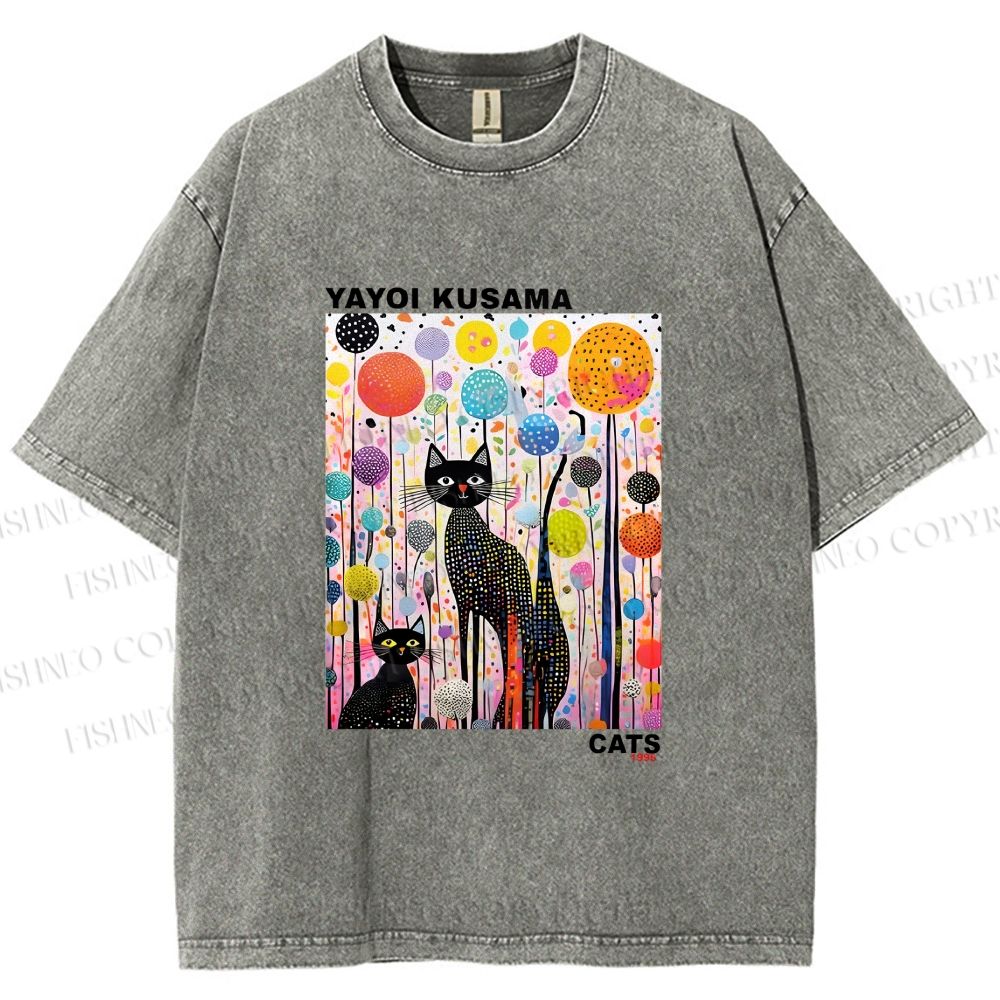 Unisex Yayoi Kusama Cat Printed Washed Tee
