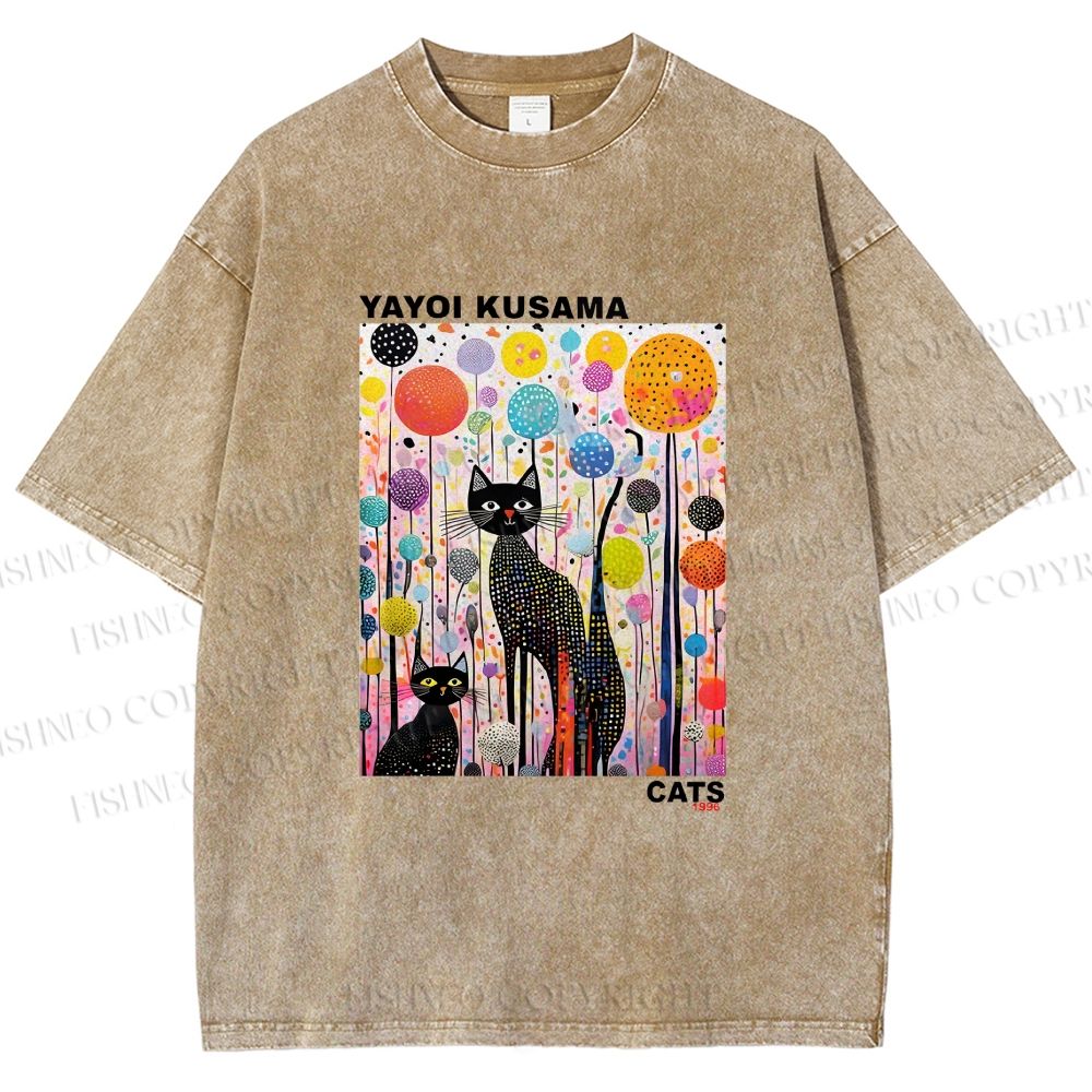 Unisex Yayoi Kusama Cat Printed Washed Tee