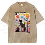 Unisex Yayoi Kusama Cat Printed Washed Tee