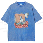Unisex Lustige Katzentoilette Printed Washed Tee