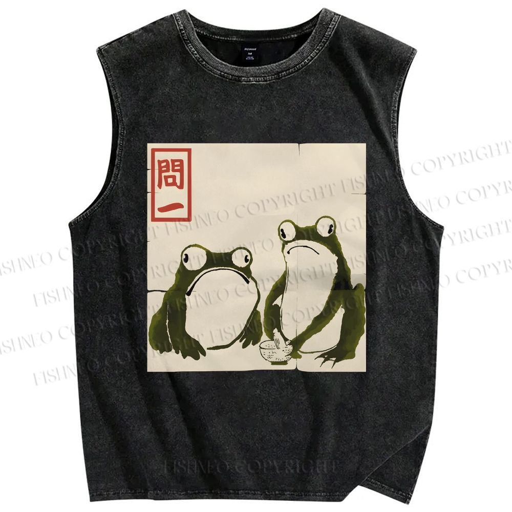 Unisex Japanese Green Frog Art Printed Washed Tank Top