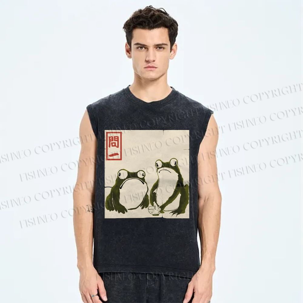 Unisex Japanese Green Frog Art Printed Washed Tank Top