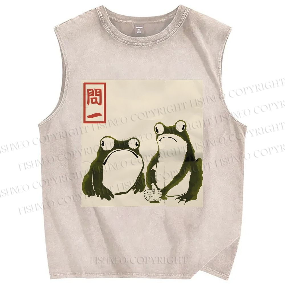 Unisex Japanese Green Frog Art Printed Washed Tank Top