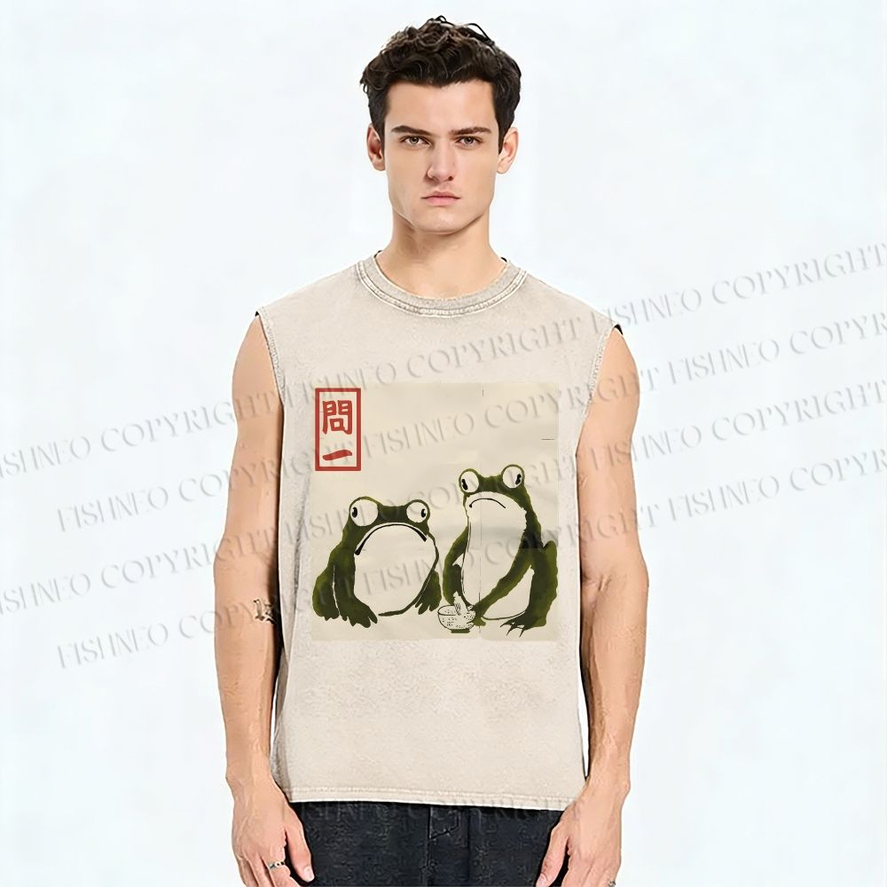 Unisex Japanese Green Frog Art Printed Washed Tank Top