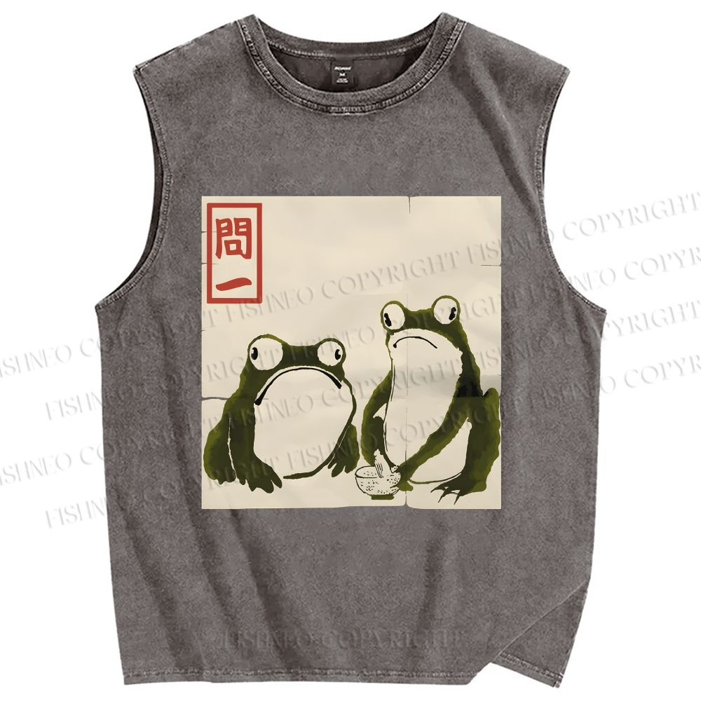 Unisex Japanese Green Frog Art Printed Washed Tank Top