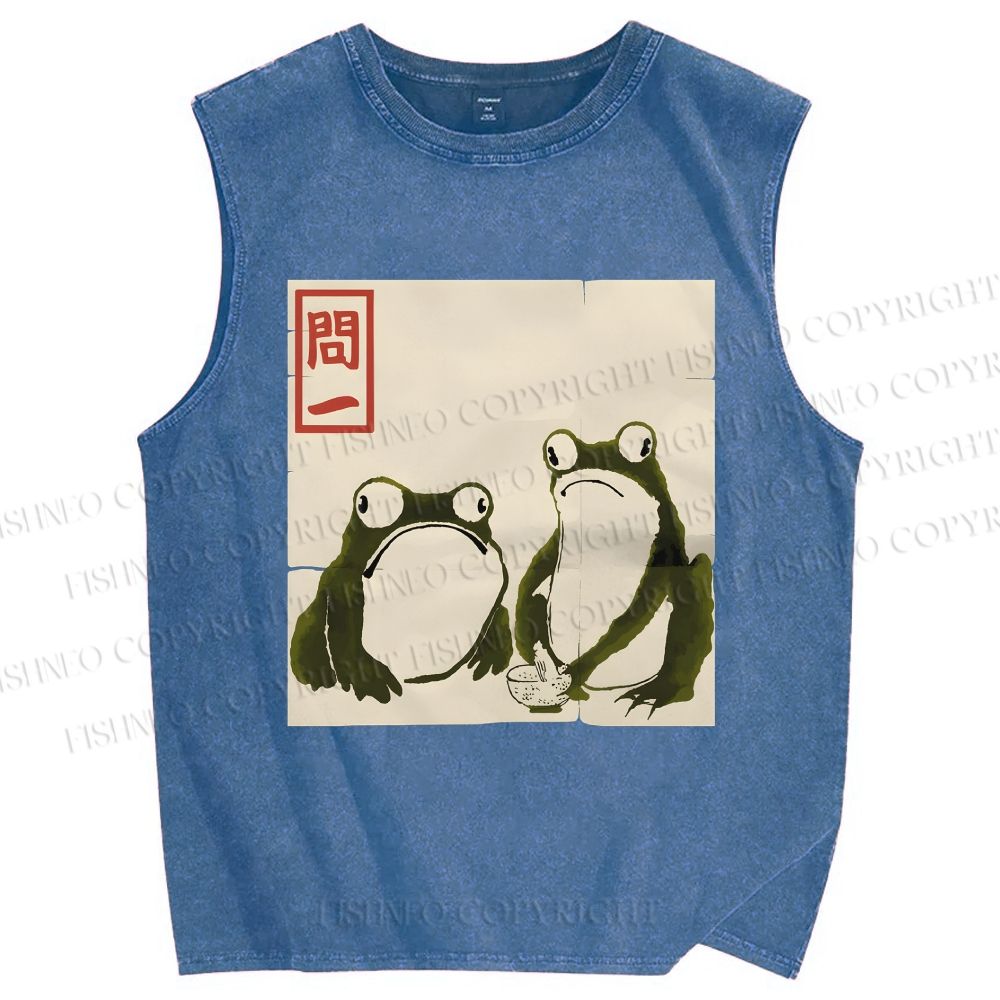 Unisex Japanese Green Frog Art Printed Washed Tank Top
