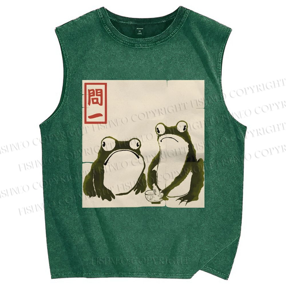 Unisex Japanese Green Frog Art Printed Washed Tank Top