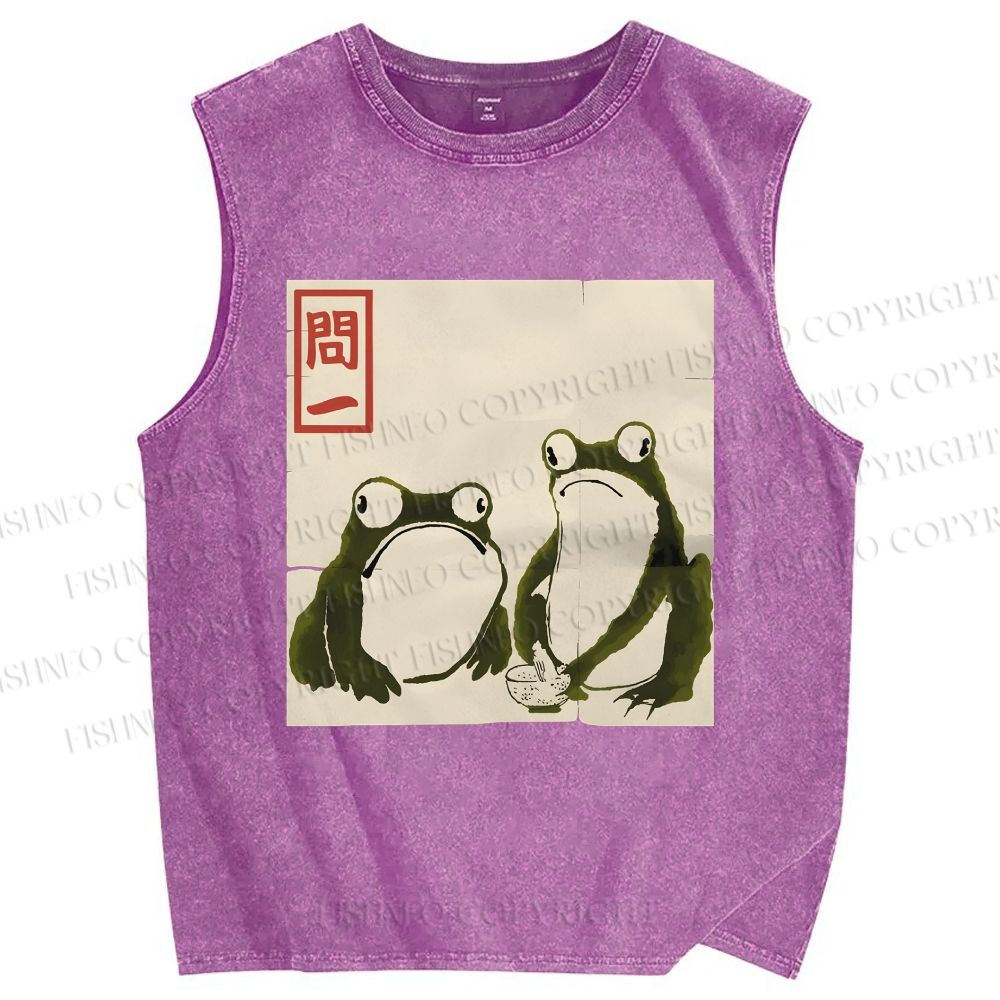 Unisex Japanese Green Frog Art Printed Washed Tank Top