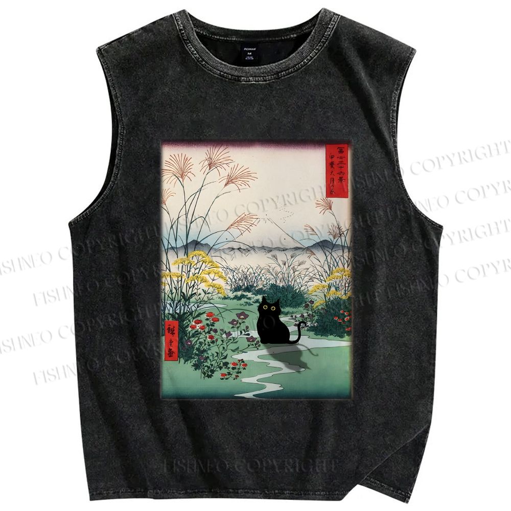 Unisex Black Cat Otsuki Plain in Kai Province Printed Washed Tank Top