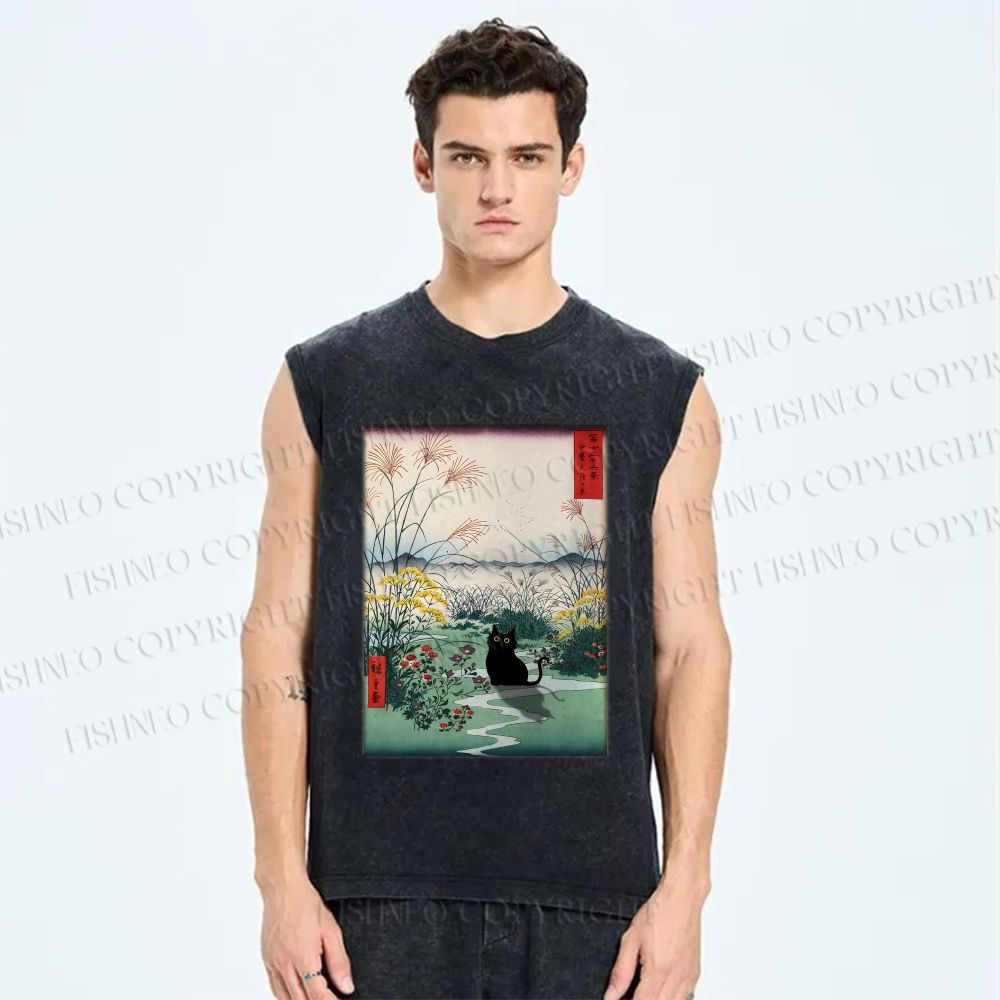 Unisex Black Cat Otsuki Plain in Kai Province Printed Washed Tank Top