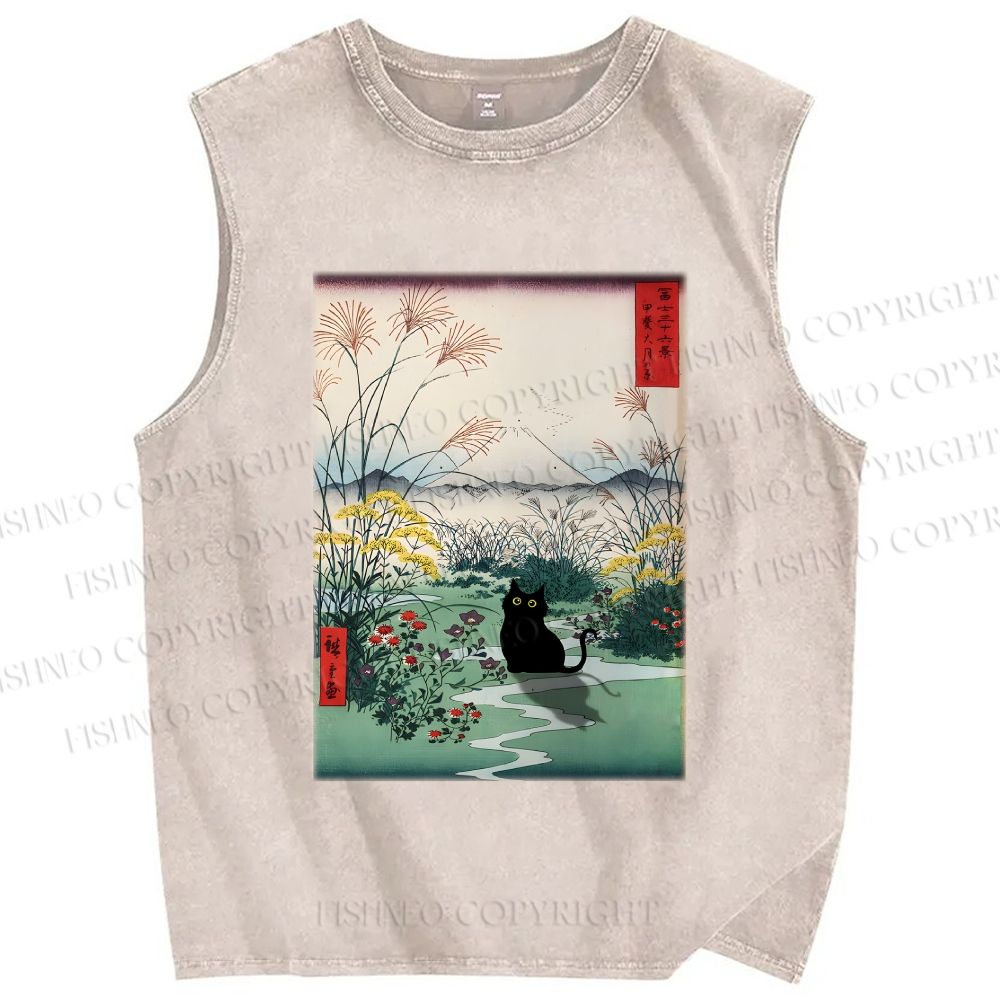 Unisex Black Cat Otsuki Plain in Kai Province Printed Washed Tank Top