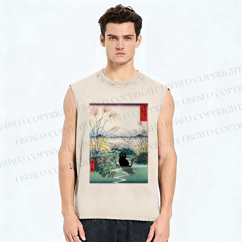 Unisex Black Cat Otsuki Plain in Kai Province Printed Washed Tank Top