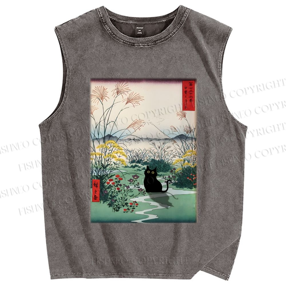 Unisex Black Cat Otsuki Plain in Kai Province Printed Washed Tank Top