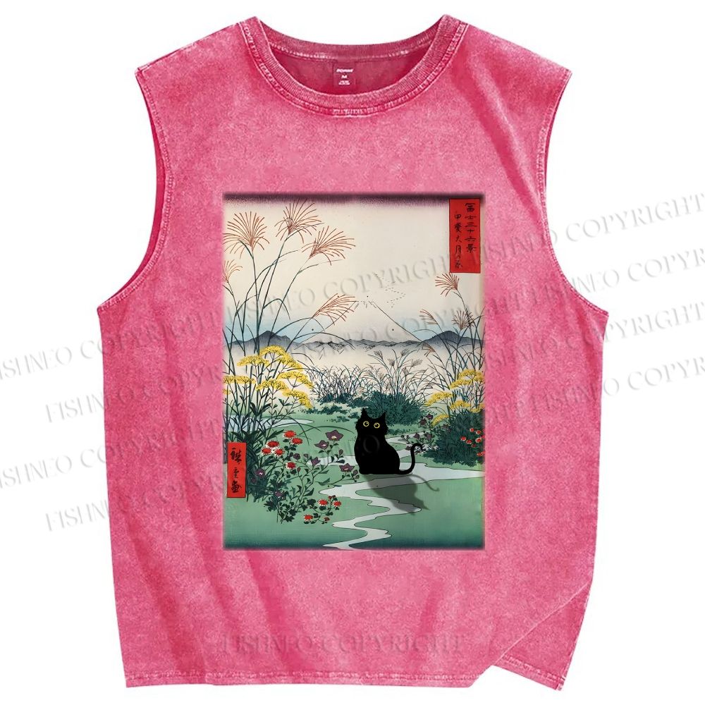 Unisex Black Cat Otsuki Plain in Kai Province Printed Washed Tank Top