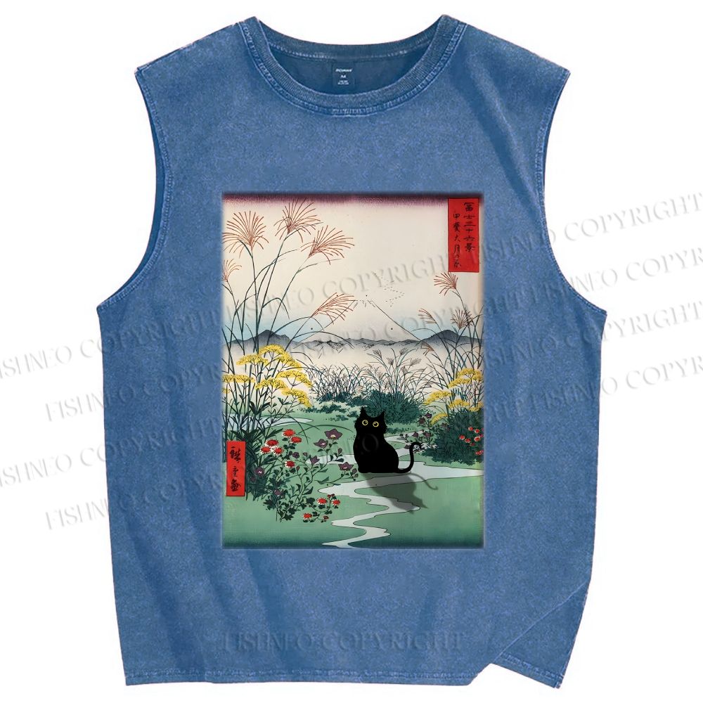 Unisex Black Cat Otsuki Plain in Kai Province Printed Washed Tank Top