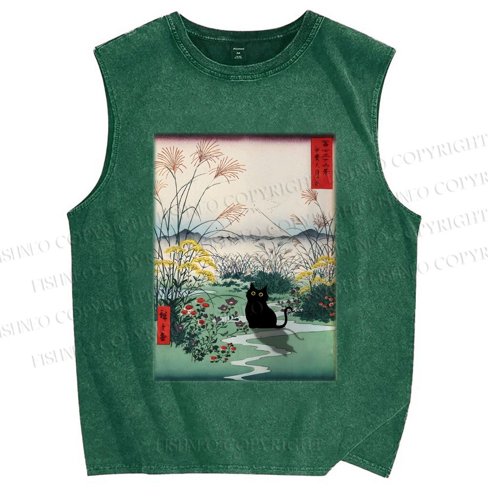 Unisex Black Cat Otsuki Plain in Kai Province Printed Washed Tank Top