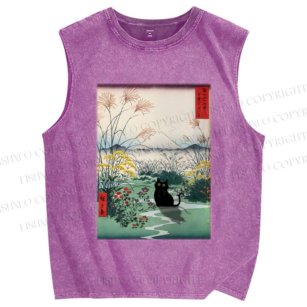 Unisex Black Cat Otsuki Plain in Kai Province Printed Washed Tank Top