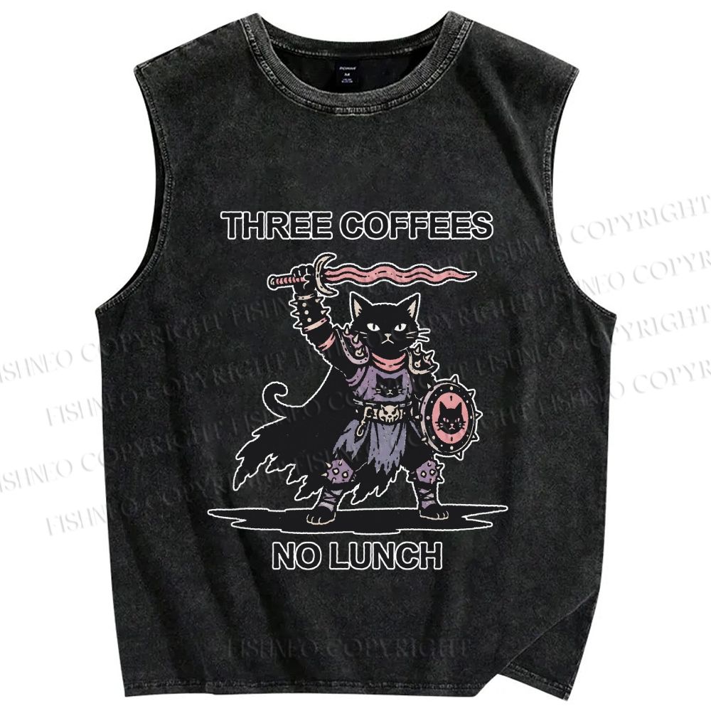 Unisex Three Coffees No Lunch Printed Washed Tank Top