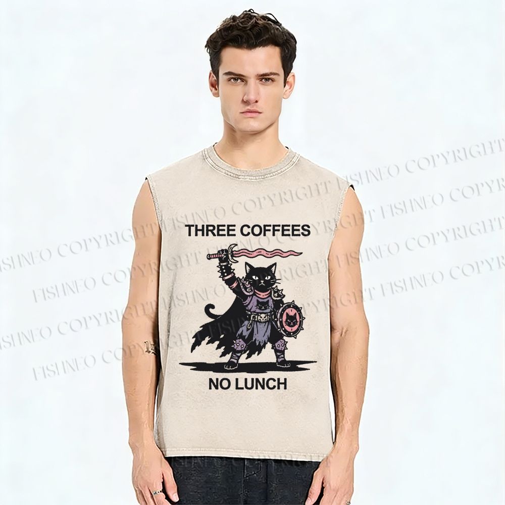 Unisex Three Coffees No Lunch Printed Washed Tank Top