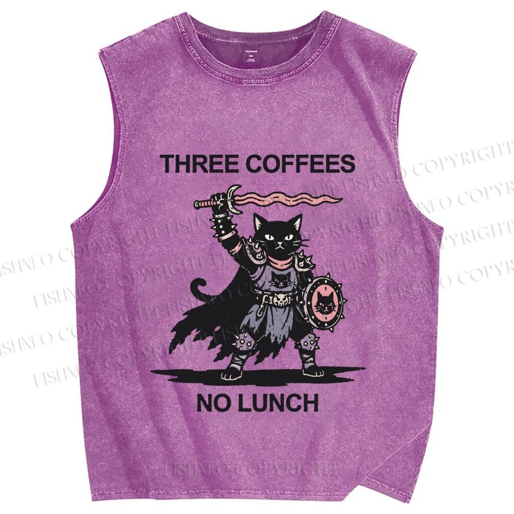 Unisex Three Coffees No Lunch Printed Washed Tank Top
