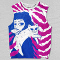 Unisex White Cat on Woman's Shoulder Printed Tank Top