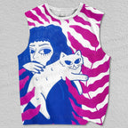 Unisex White Cat on Woman's Shoulder Printed Tank Top