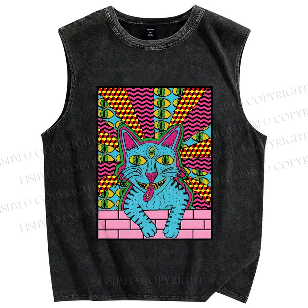 Unisex Weird Blue Cat With Eyes Printed Washed Tank Top
