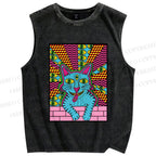Unisex Weird Blue Cat With Eyes Printed Washed Tank Top