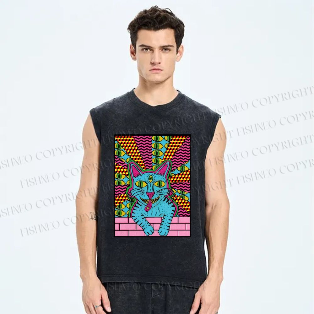 Unisex Weird Blue Cat With Eyes Printed Washed Tank Top