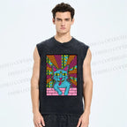 Unisex Weird Blue Cat With Eyes Printed Washed Tank Top