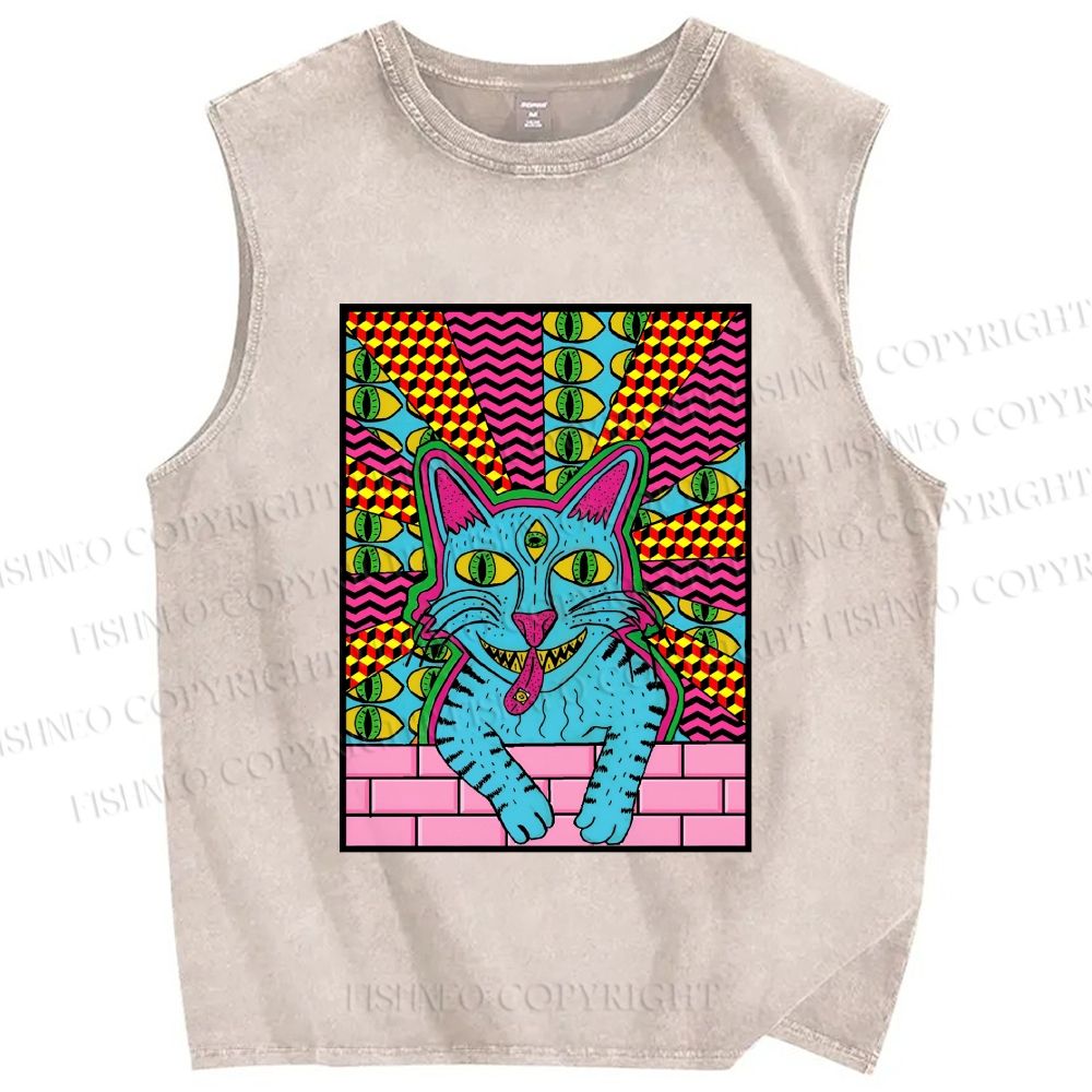 Unisex Weird Blue Cat With Eyes Printed Washed Tank Top